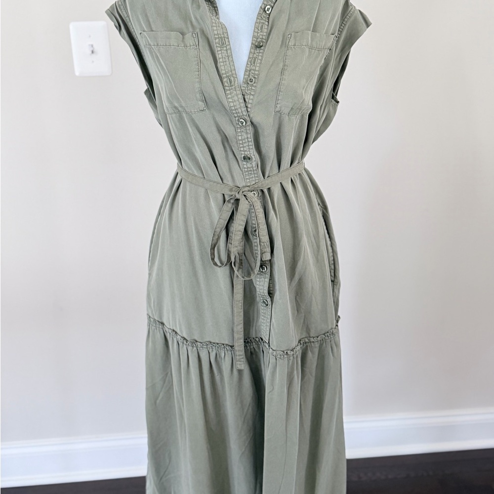 Olive Green Button-Front Waist Tie Maternity Maxi Dress